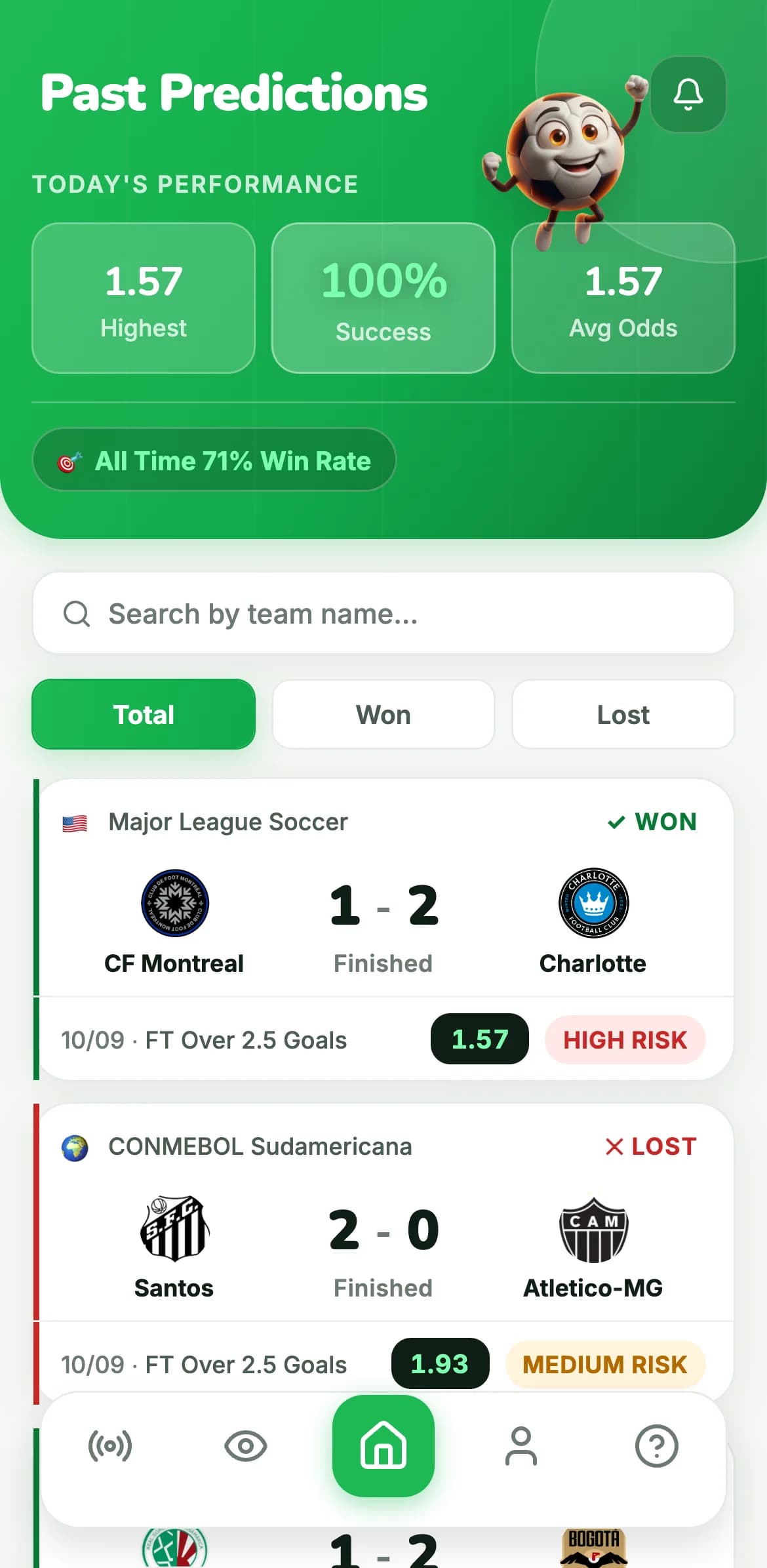 GoalVibe past predictions: today's performance and settled picks marked won or lost