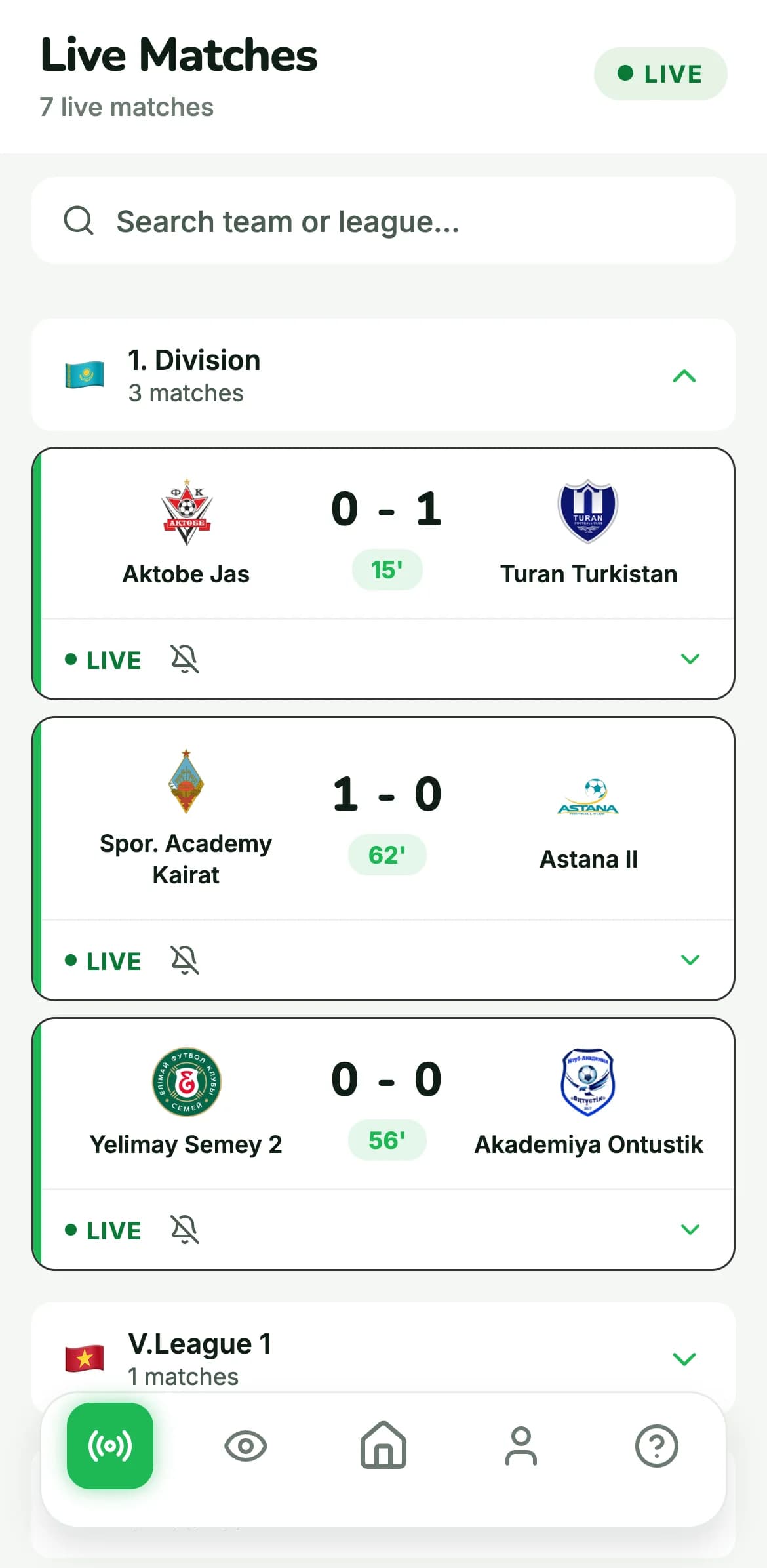 GoalVibe live matches: fixtures in play with the running minute