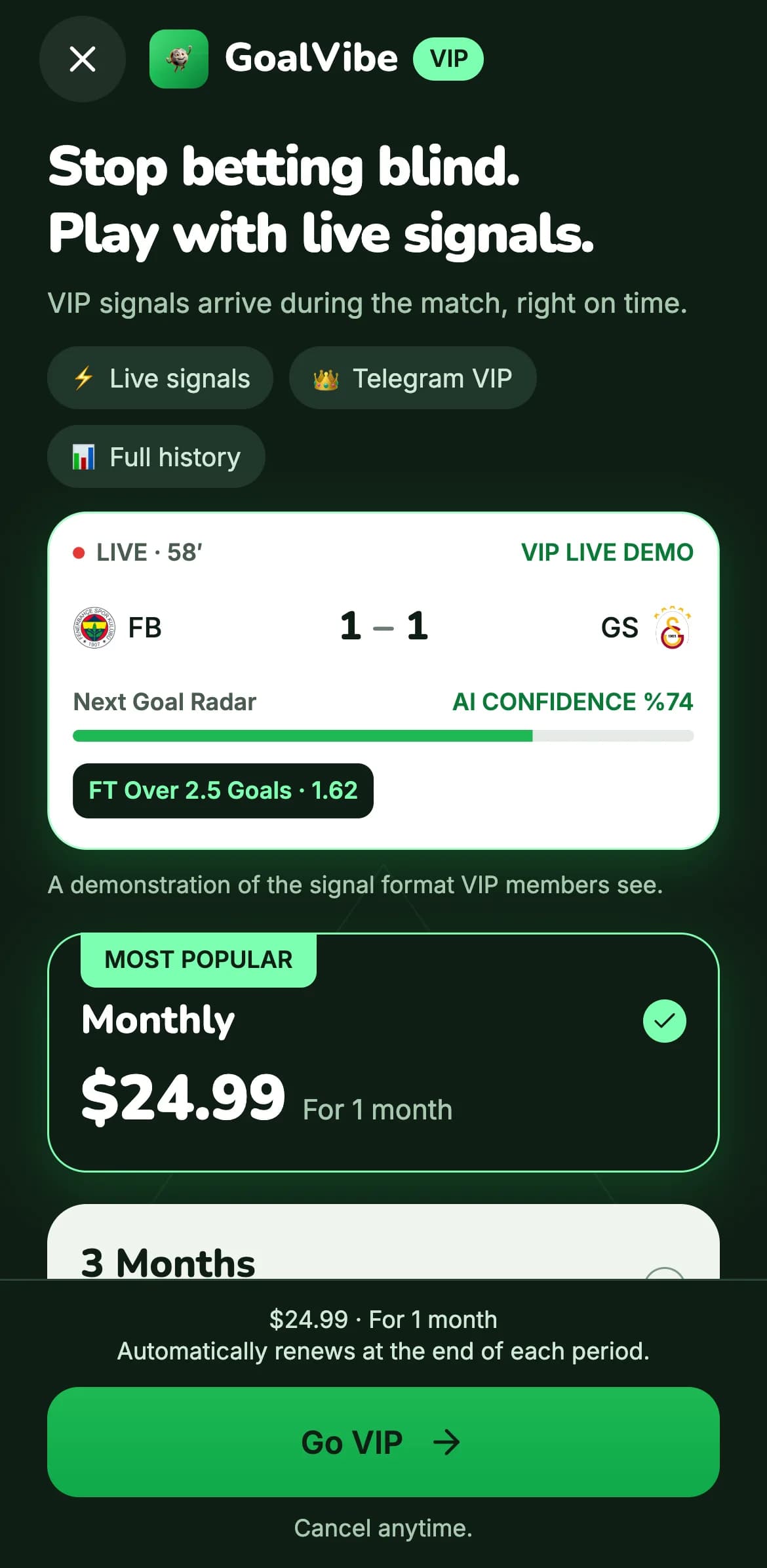 GoalVibe VIP screen in the app, with the live 30-day accuracy line and the plans