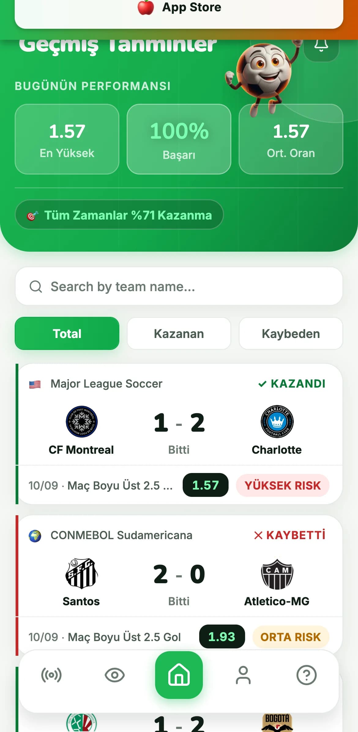 GoalVibe geçmiş tahminler: bugünün performansı ve kazandı/kaybetti olarak sonuçlanan tahminler