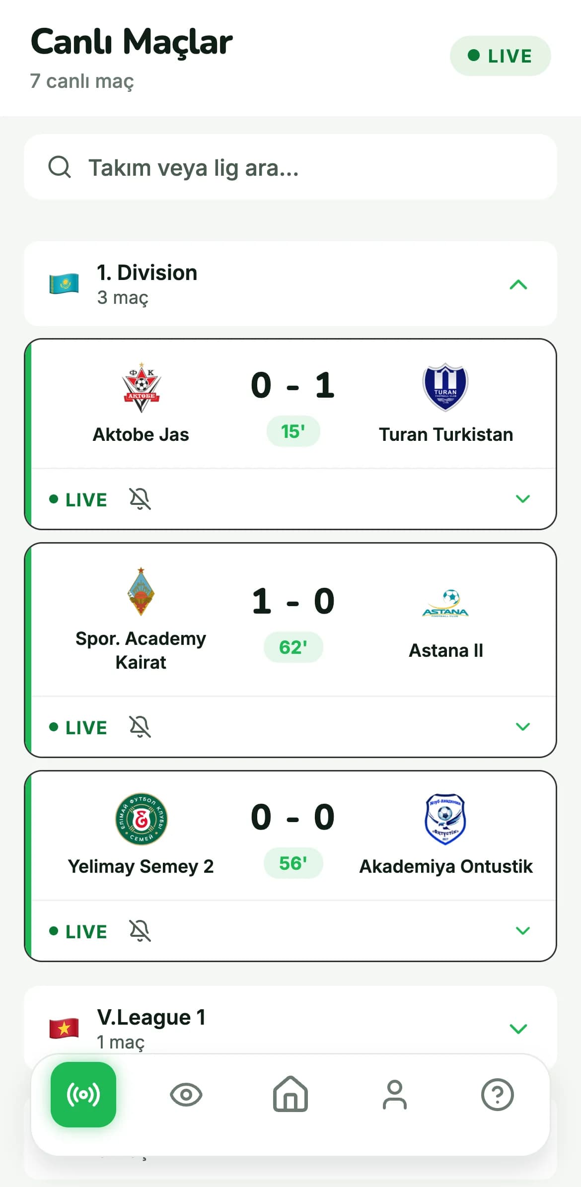 GoalVibe canlı maçlar: oynanan maçlar ve dakikaları