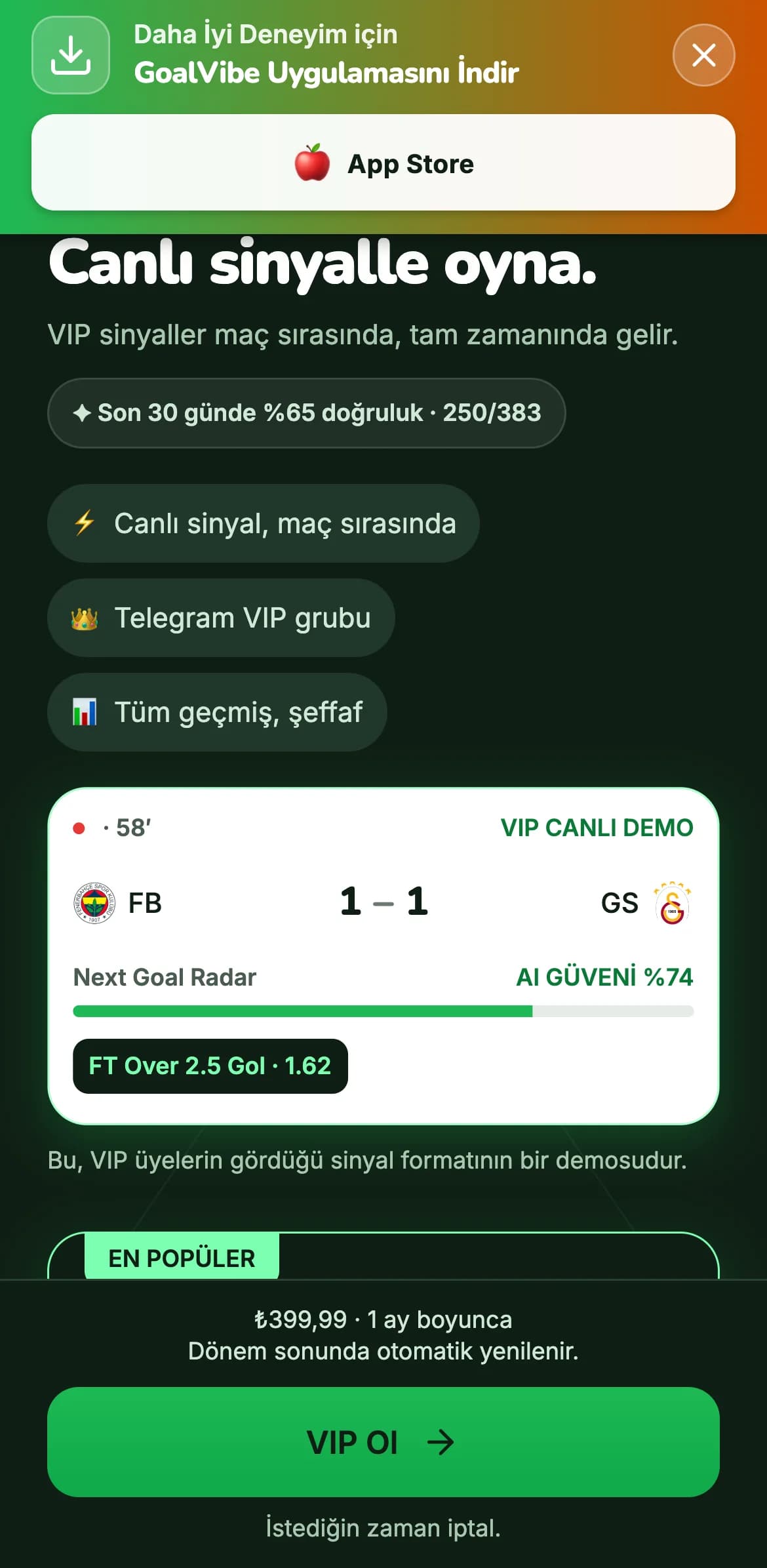 Uygulamadaki GoalVibe VIP ekranı; son 30 günün canlı isabet oranı ve planlar